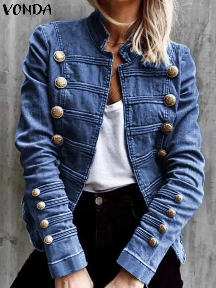 

VONDA 2022 осеннее женское джинсовое Пальто повседневные уличные куртки свободные на пуговицах с длинным рукавом однотонное Элегантное повсед...