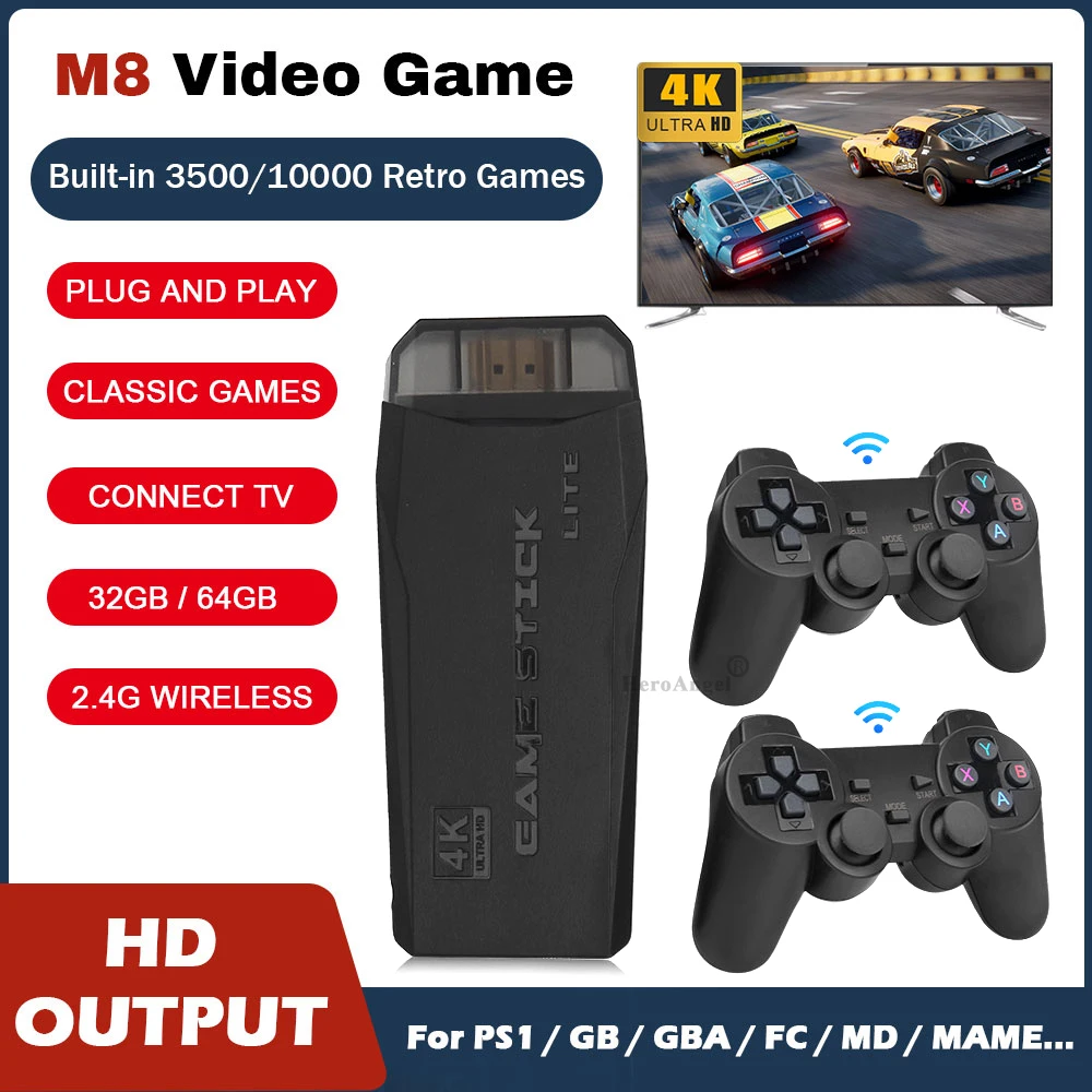 

M8 Video Game Console 2.4G Double Wireless Controller Game Stick 4K 10000 games 64GB Retro games For PS1/GBA Dropshipping