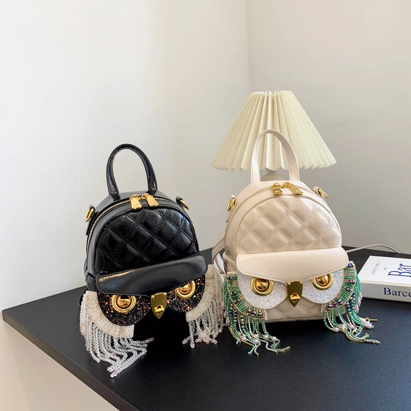 

Owl Backpacks for Women 2022 New Leather Fashion Small Travel Female Bag Diamond Lattice Tassel Cute Cartoon Ladies Hand Bags