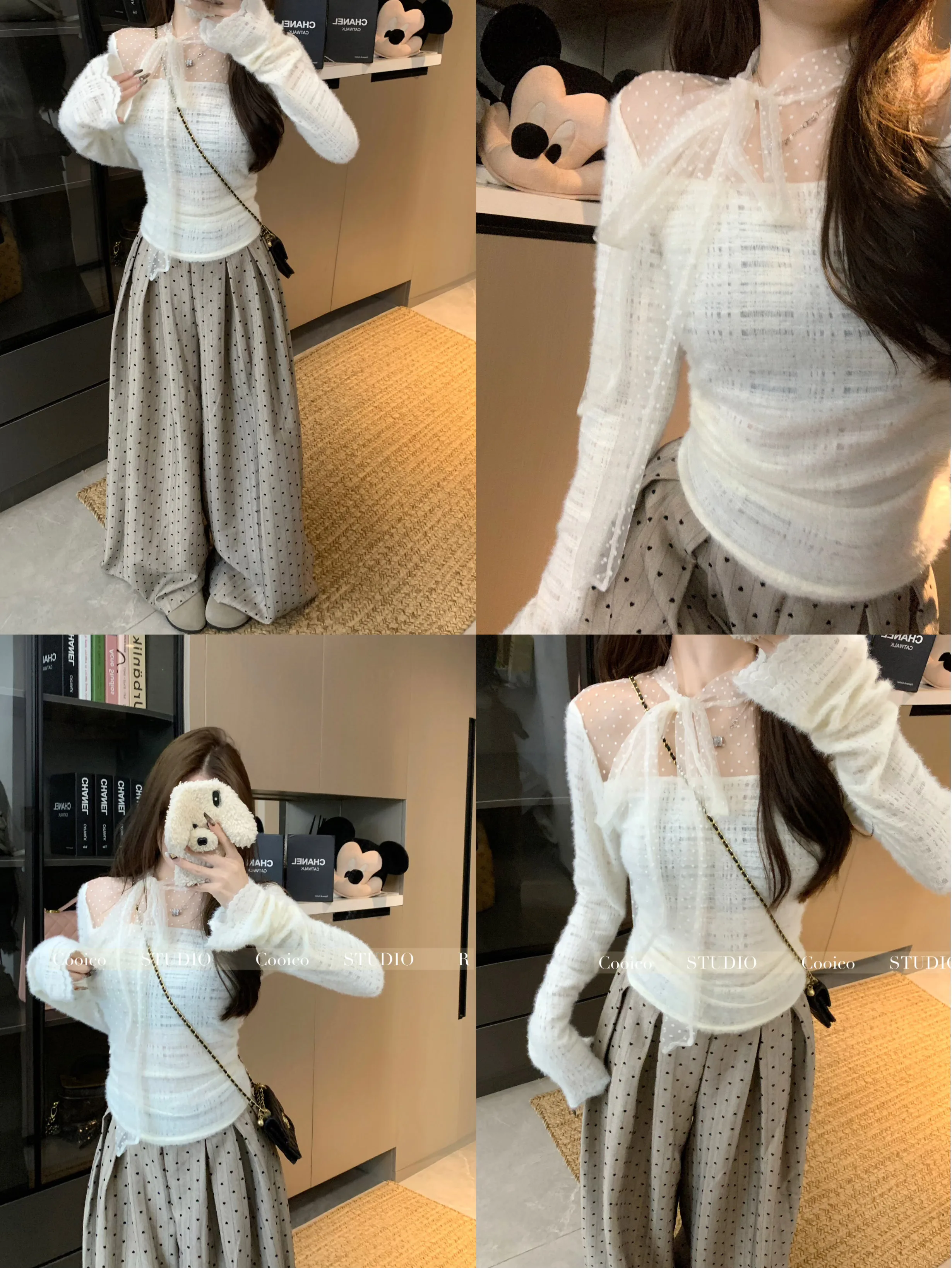 White Lace Polka Dot Long sleeves Shirt Women Early Autumn Chic Bow Graceful Inner wear Bottoming Short Top