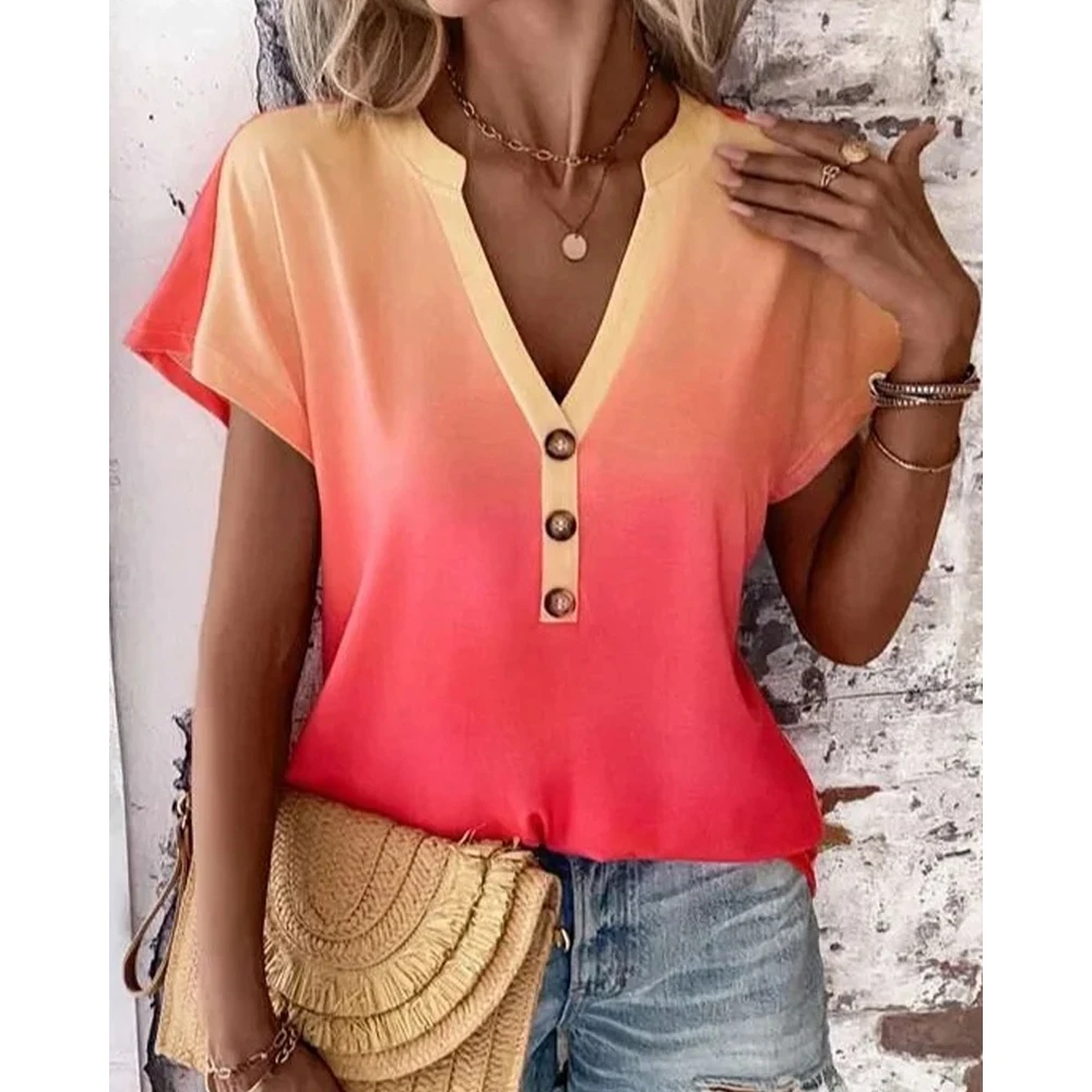 

Women Ombre Notch Neck Buttoned Tee Shirts Summer Casual Tee Top V Neck Short Sleeve T-Shirts Work Woman Clothes New Fashion