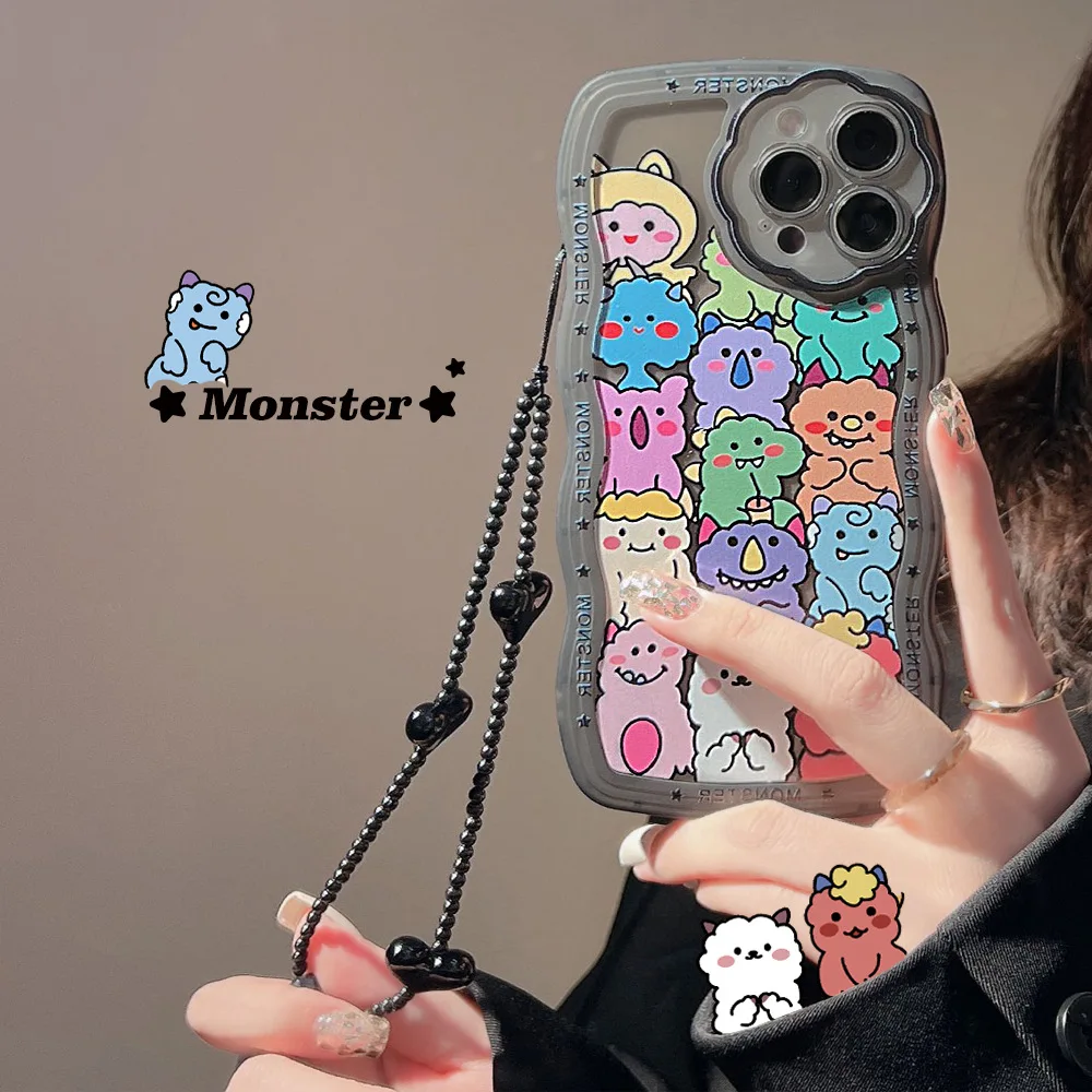 

Cute Monster Cartoon Phone Case For iPhone 13 12 11 Pro Max Funny Animal TPU Back Cover With Love Sticker Lanyard