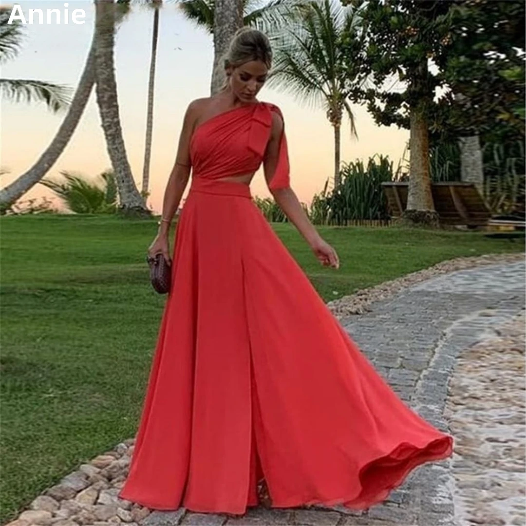 

Annie Flowing Chiffon Prom Dressess Shoulder Red Cocktail Custom Evening Dress A-shaped Red فساتين سهره فاخره