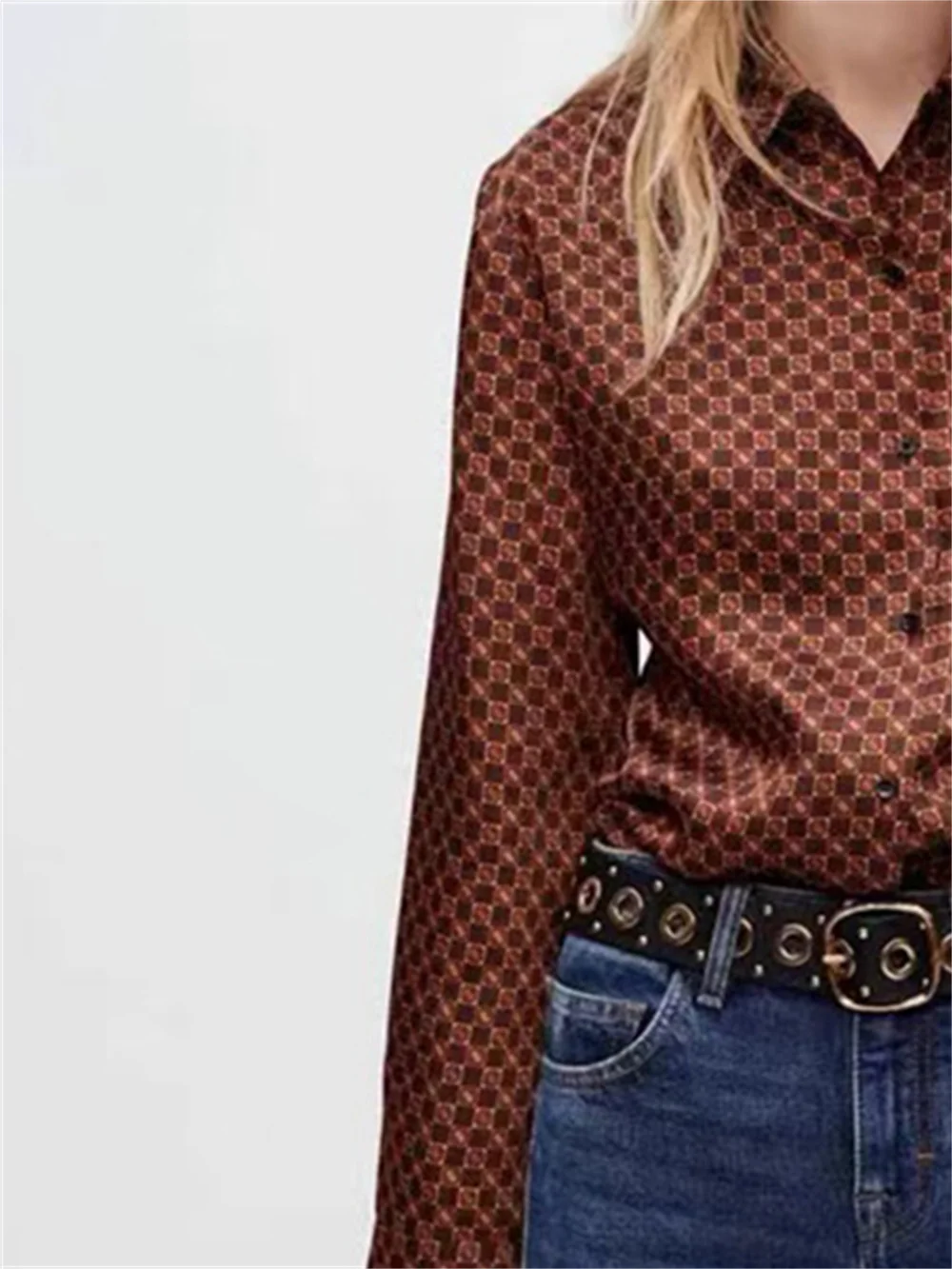 

Women Vintage Geometric Printed Shirt and Dress 2023 Summer New Turn Down Collar Single Breasted Loose Blouse and Pleated Robe