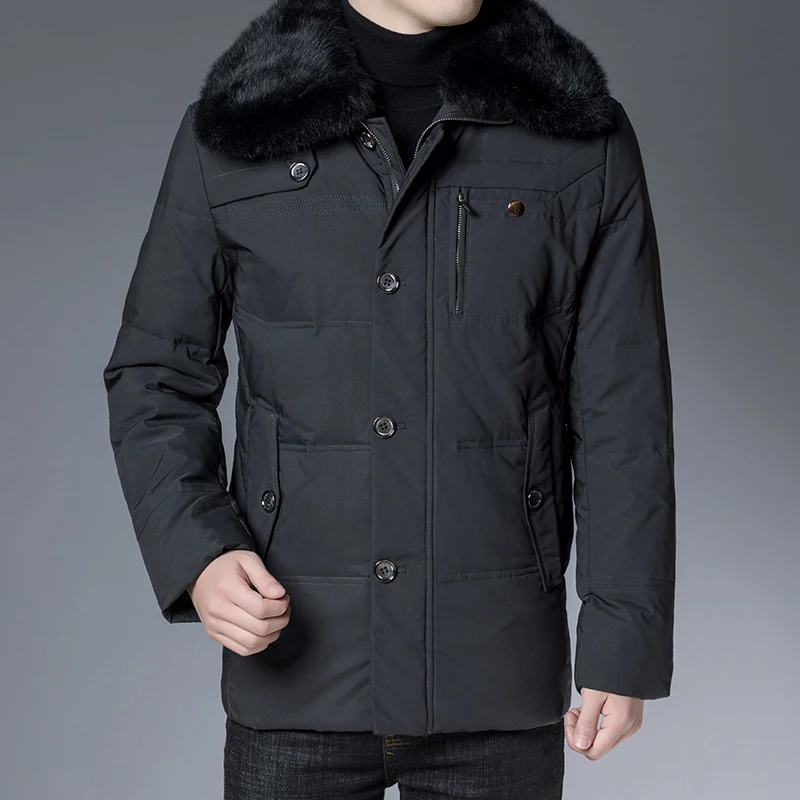 Winter Men Khaki Black Puffer Jackets With Fur Collar Thick Thermal Puff Basic Coat Male Warm Quilted Overcoat Padded Outerwear