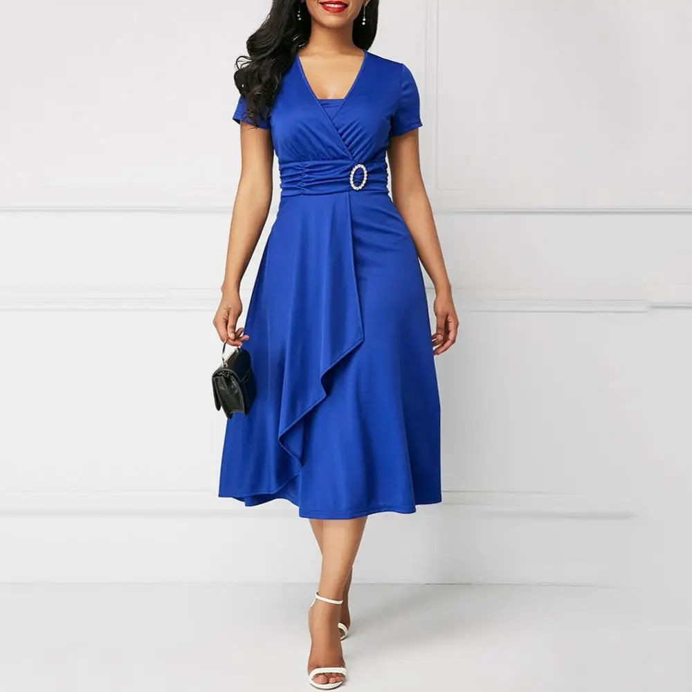 

Short Sleeve Dress Tight Party Dress Plus Size Women V Neck Asymmetric Hem Waist Midi Party Dress