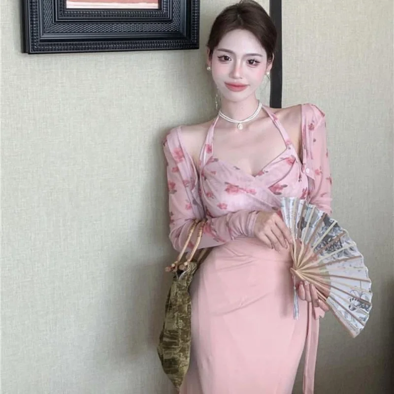 

Женская одежда, комплект из трех предметов, пикантное облегающее платье с цветочным принтом, короткая юбка, пикантный жилет, Солнцезащитный кардиган, пальто, длинная юбка с высокой талией