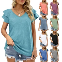 european and american womens clothing 2022 summer new pure color v neck double ruffle sleeve loose top t shirt