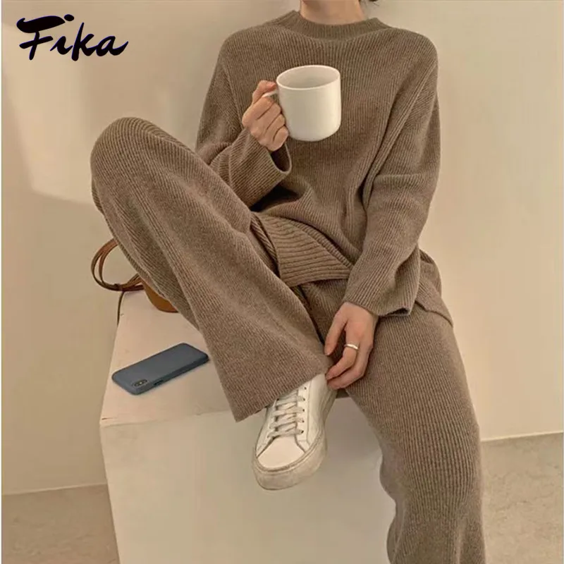 2022 New Autumn Winter Long Sleeved Wide Leg Pants Fashion Casual Loose Knitted Women Two Pieces Set Ladies Thick Sweaters Suit