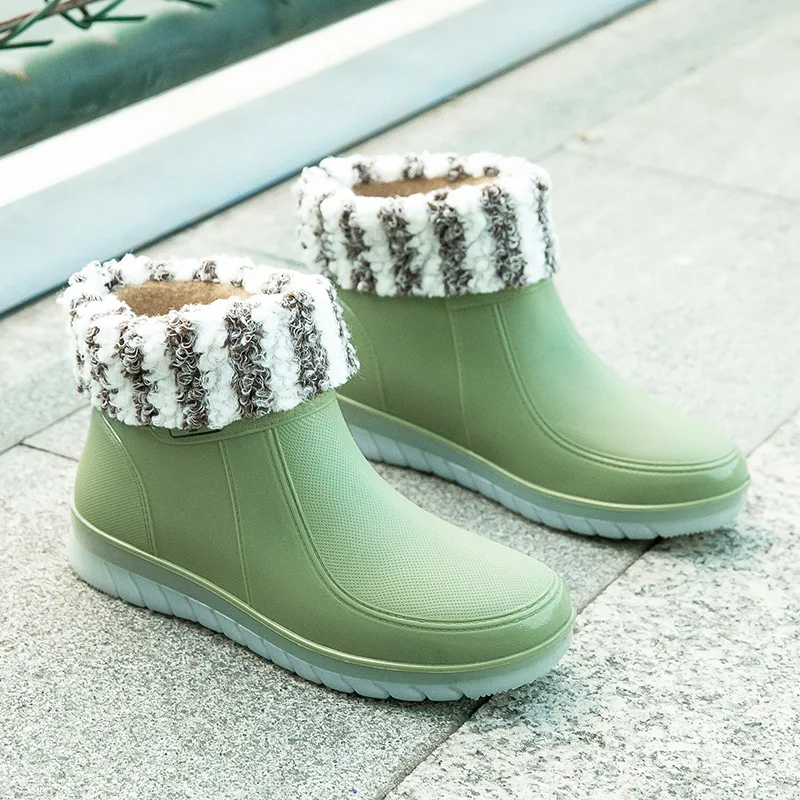 

36-40 Womens Rain Boots Waterproof Spring/autumn Female Pvc Low Barrel Slip-on Solid Fashion Plush Soft Sole Ladies Shoesr Hw22