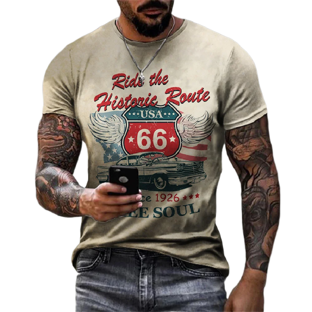 

Route 66 Letters Graphic Vintage T Shirts For Men 2023 Summer Streetwear Fashion T-Shirt Camisetas Tops Tees Ropa Hombre Camisa