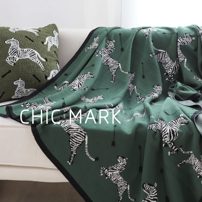 Retro Green Knitted Blanket 2023 New Pure Cotton Zebra Pattern Jacquard Blanket Casual Home Decorative Blanket Bed Thin Cobijas
