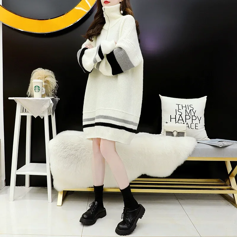 Платье-свитер-поло/черепашковый вырез больших размеров утепленная вязаная