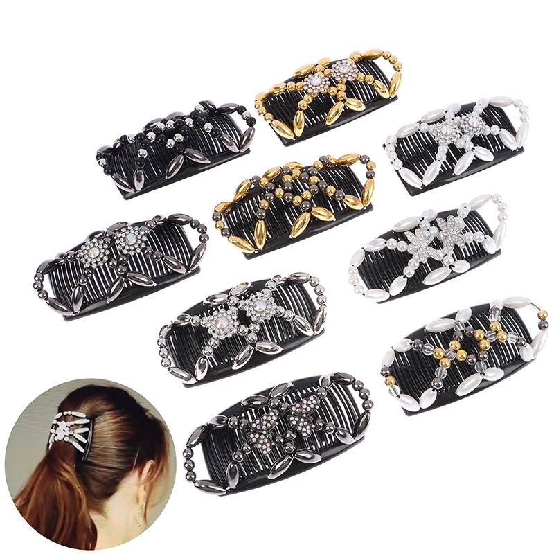 

1X Beads Hair Combs Shiny Rhinestone Beaded Hair Claws Magic Tuck Comb Updo Accessories Elastic Headwear Bun Ponytail Holder DIY