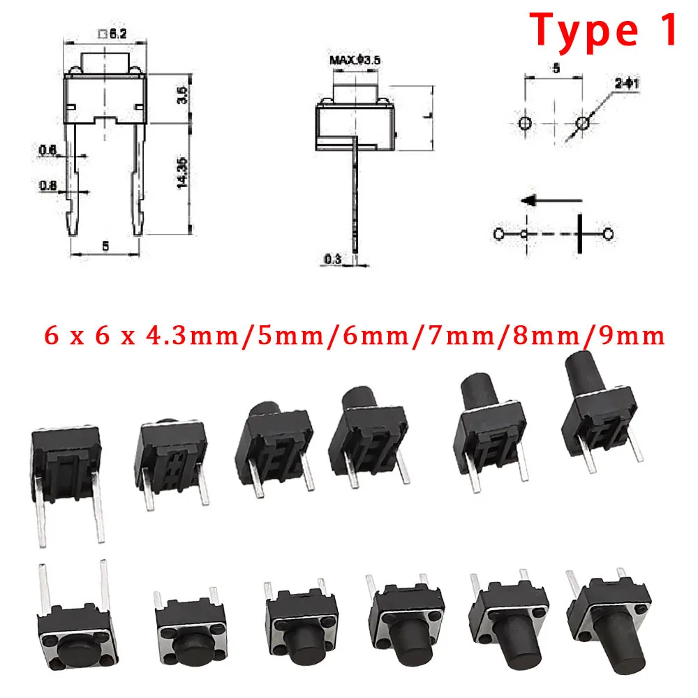 

50 шт., 4 типа, тактильные переключатели серии 6X6 мм, 6*6*4,3/5/6/7/8/9/10/11/12/13 мм, 2/4 контакта, DIP SMT, микротактильный кнопочный переключатель