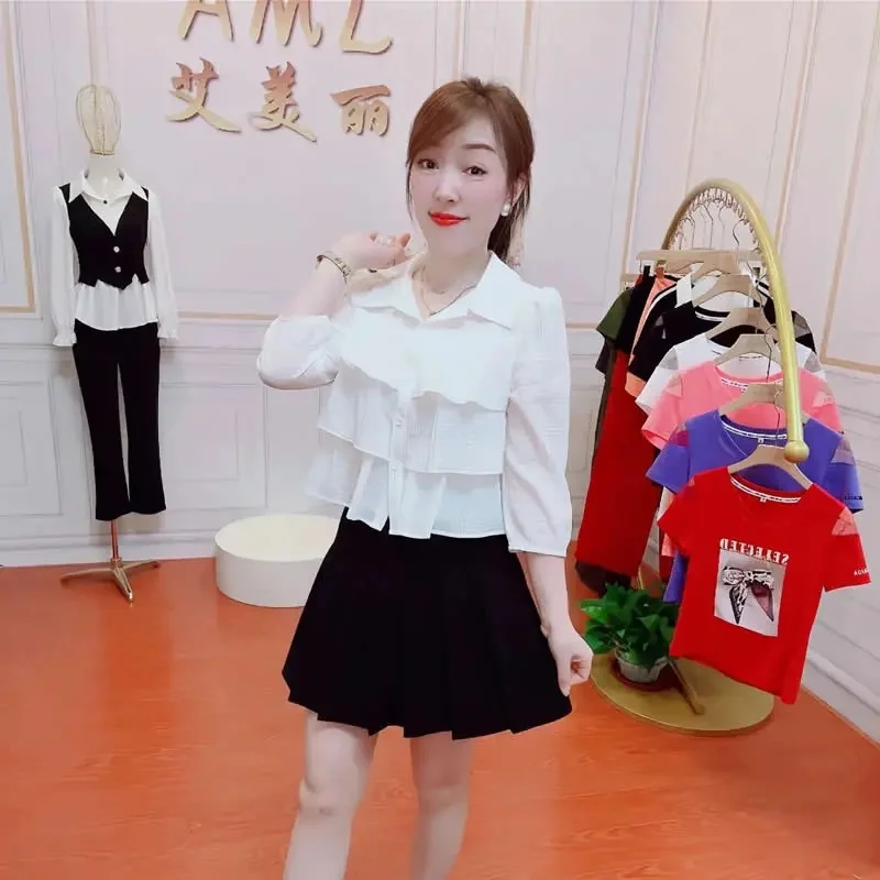 Женская рубашка с рукавом три четверти весна-лето 2024 новый стиль короткая