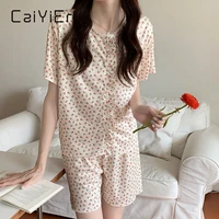 caiyier 2022 korean pajamas set for women summer flower grils sleepwear sweet cherry female nightwear kawaii leisure home suit