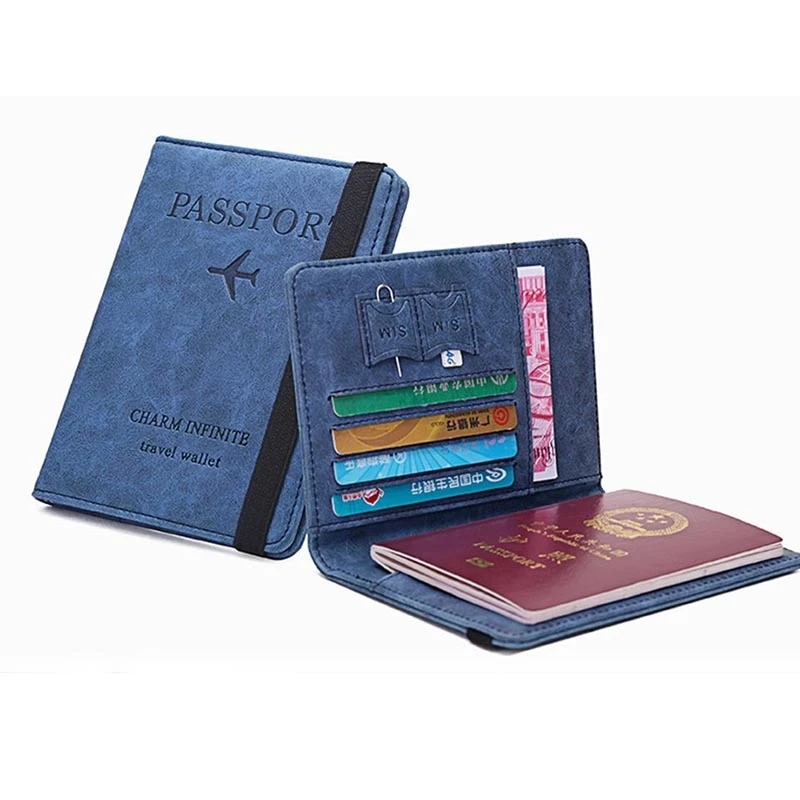 

Men Women Elastic Band Leather Passport Cover RFID Blocking For Cards Travel Passport Holder Wallet Document Organizer Case