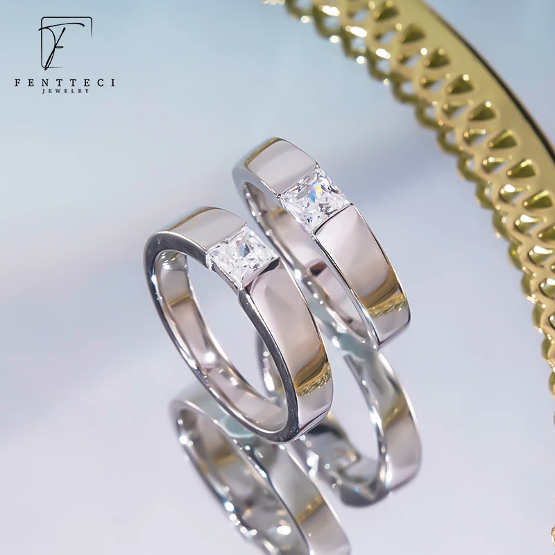 FENTTECI S925 Sterling Silver AAAAA Zircon Men's Diamond Ring Wedding Ring Square Stone Couple's Ring For Men Boyfriend Gift