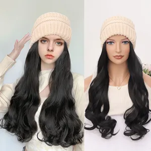 LVHAN Long hair hat wig wavy hair natural color wig attached synthetic knit hat hair can be adjusted women Christmas Day routine