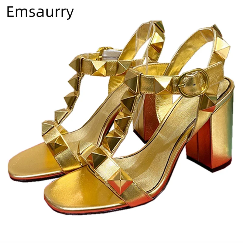 

Luxury Rivet Decor T-Strap Sandals For Girls Women Genuine Leather Sexy Open Toe Multicor High Heel Summer Shoes