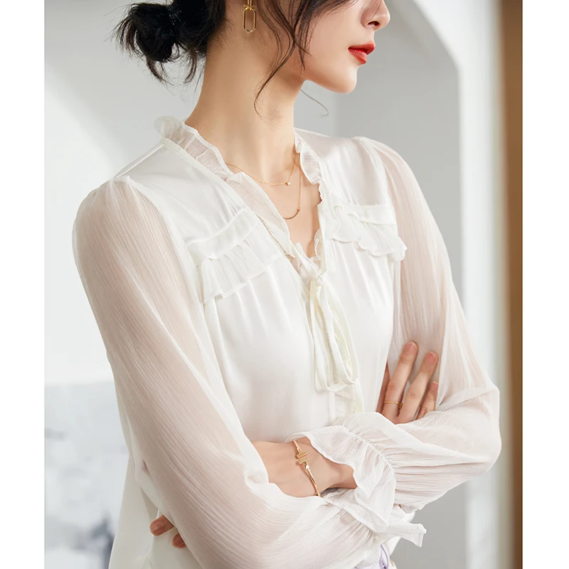 92% Silk Blouse Women Casual Style Vintage Ruffled Neck Petal Sleeve Pullover Elegant Top New Fashion