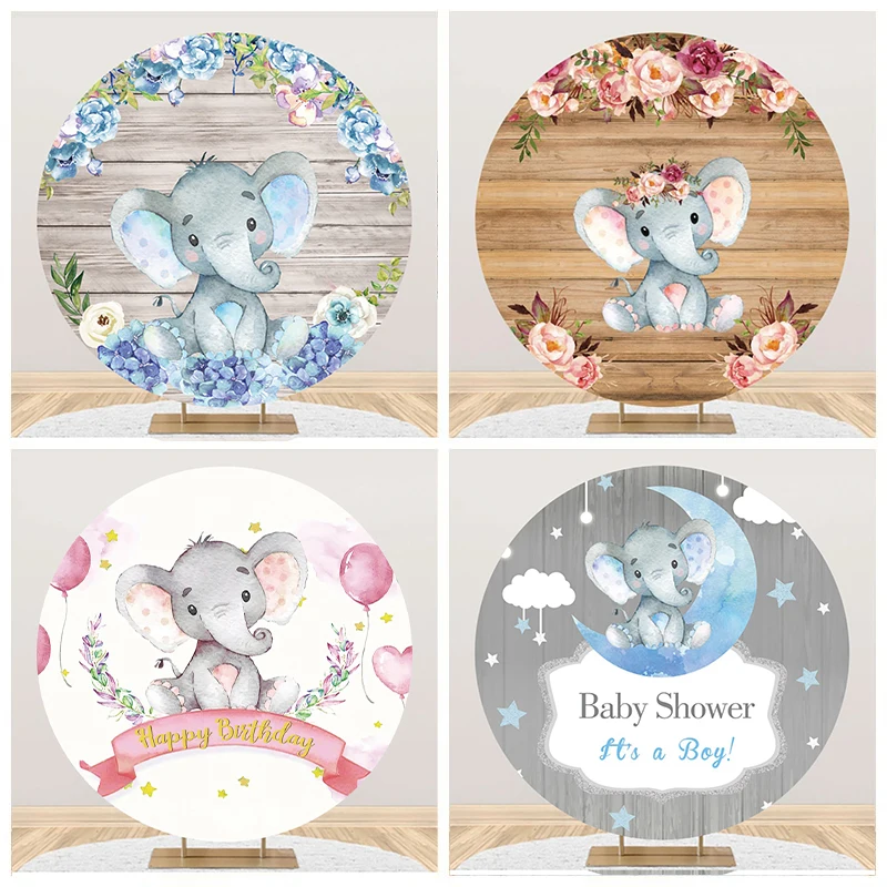 

Laeacco Blue Elephant Boys Shower Party Round Circle Backdrops For Photography Baby Portrait Customized Poster Photo Backgrounds