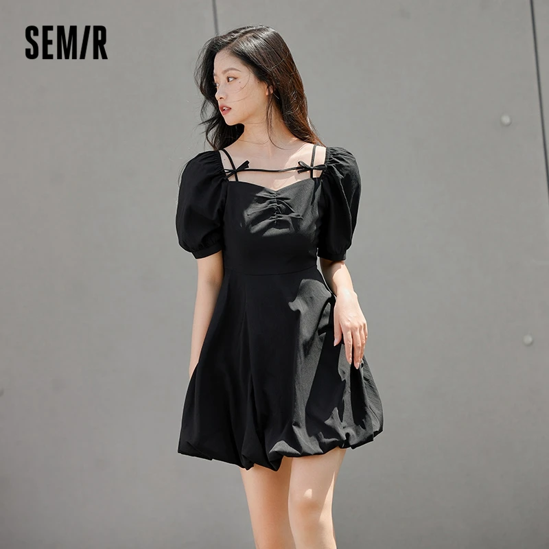 

Semir Textured Dress Women Summer Square Neck Bow 2022 New Puff Sleeve Short Dress Small Pure Desire