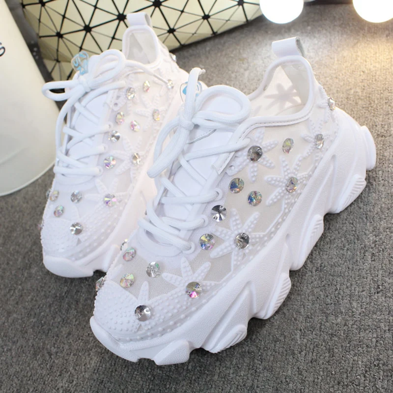 

Rhinestone Wedge Sneakers Women Trainers Dames Chunky Platform White Casual Shoes Chaussures Femme