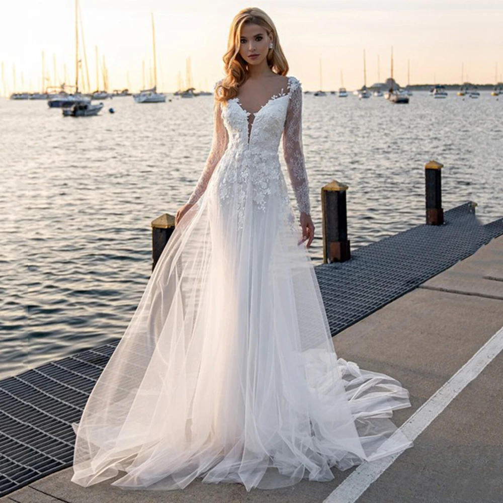 

YunShang Beach Deep V-Neck Wedding Dresses Long Sleeve Spandex Luxury Lace Appliques Bride Gown Sheath Tulle Pleats Sweep Train