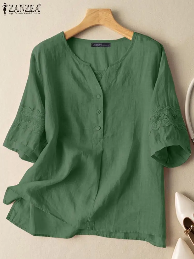 

Модная кружевная блузка с вязаным крючком, женская летняя рубашка 2023 ZANZEA, повседневные топы с V-образным вырезом и рукавом до локтя, туника, свободные хлопковые блузы, рубашка