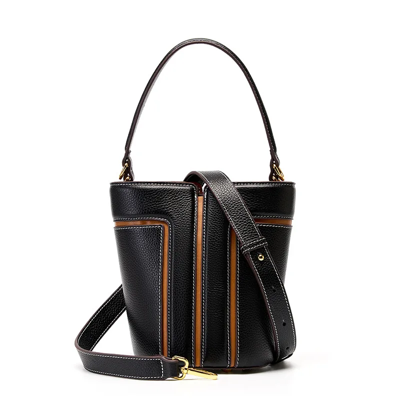 

2023 New Water Bucket Bags Women's Genuine Leather Shoulder Bag Luxury Contrast Color Lady Handbag Simple Girls' Crossbody Bags