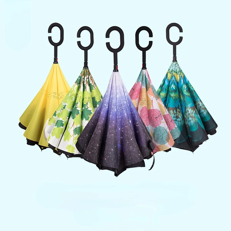 

Hands-free Portable Reverse Umbrella Creative Double Layer Designer Umbrella Reverse Straight Pole Women's Rain Umbrellas