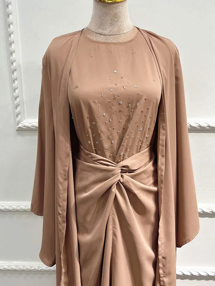 Eid комплекты для мусульман 3 штуки женщин летнее Открытое платье из бисера абайя