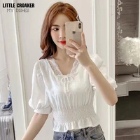 lace tops women pearls v neck chiffon short sleeve shirt flower blouse printed floral transparent women sexy crop top blouses