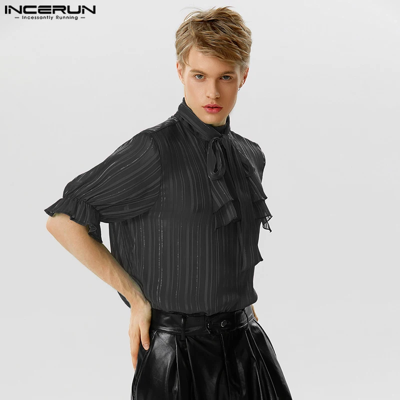 

2023 Men Striped Shirt Turtleneck Tie Up Summer Streetwear Short Sleeve Loose Elegant Camisas Fashion Men Clothing S-5XL INCERUN