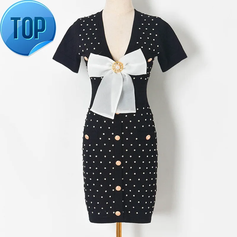 

Woman Beading Knitted Luxury Diamonds Dress 2023 Summer Elegant Bow Short Sleeve Mini Knit Dresses for Women Vestidos