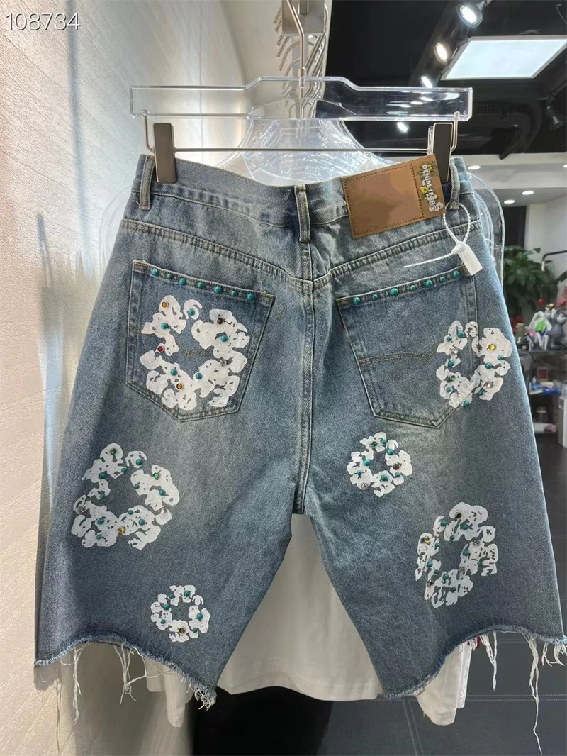 

Flower Summer Blue Washed Inlay Gem Denim Jeans Shorts Men Women Kapok Printing Kanye Oversized Shorts