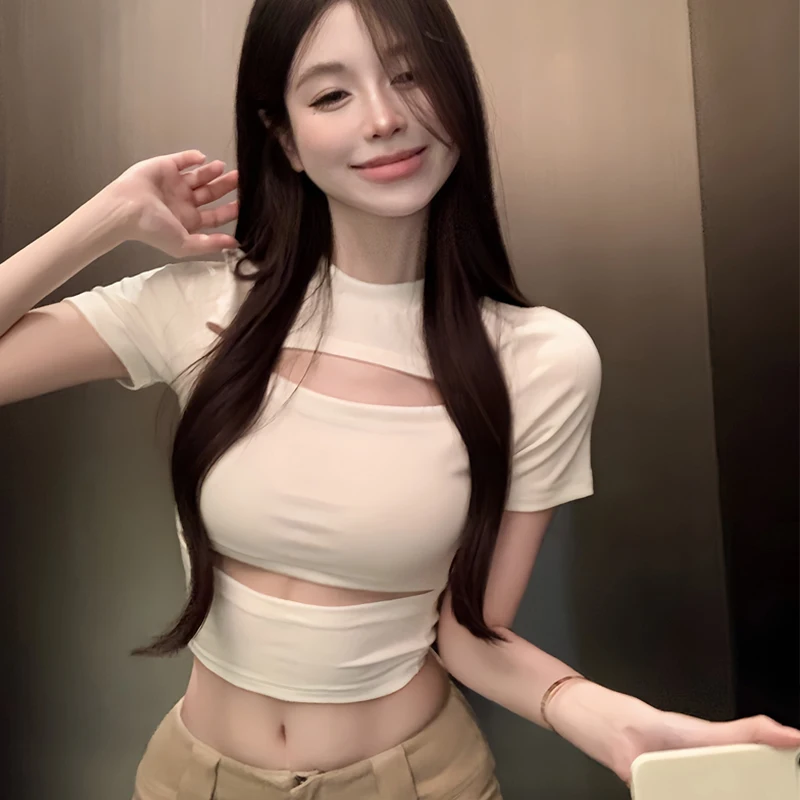 

Lady Sexy Hollow Out Designed Tshirts Fashion O Neck Basic Crop Tops Women Black White Short Length Slim T Shirt 2023 Summer