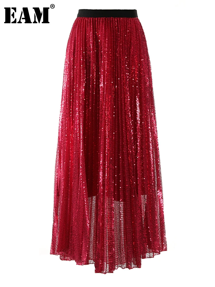 

[EAM] High Elastic Waist Wine Red Sequins Mesh Pleated A-line Half-body Skirt Women Fashion Tide New Spring Autumn 2023 1DH0343
