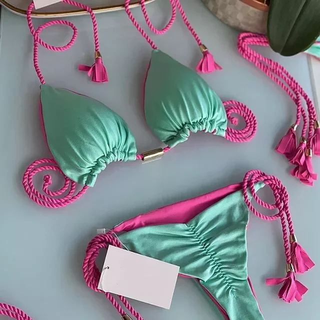 

Thong Bikini Set 2022 Swimsuit Woman Double Side Patchwork Bathing Suit Two Piece Bikinis Triangle Bandage Female Beachwear