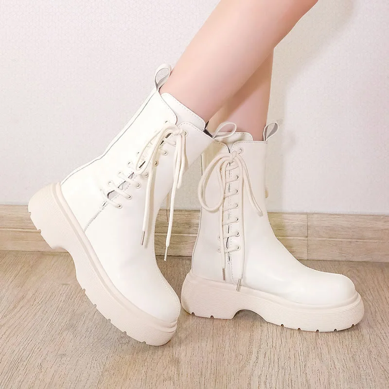 Ladies Flat Boots Winter Shoes-Ladies Autumn Shoes Round Toe Luxury Designer Low-cut Mid-calf Lace-up Women's Boots Black Boots