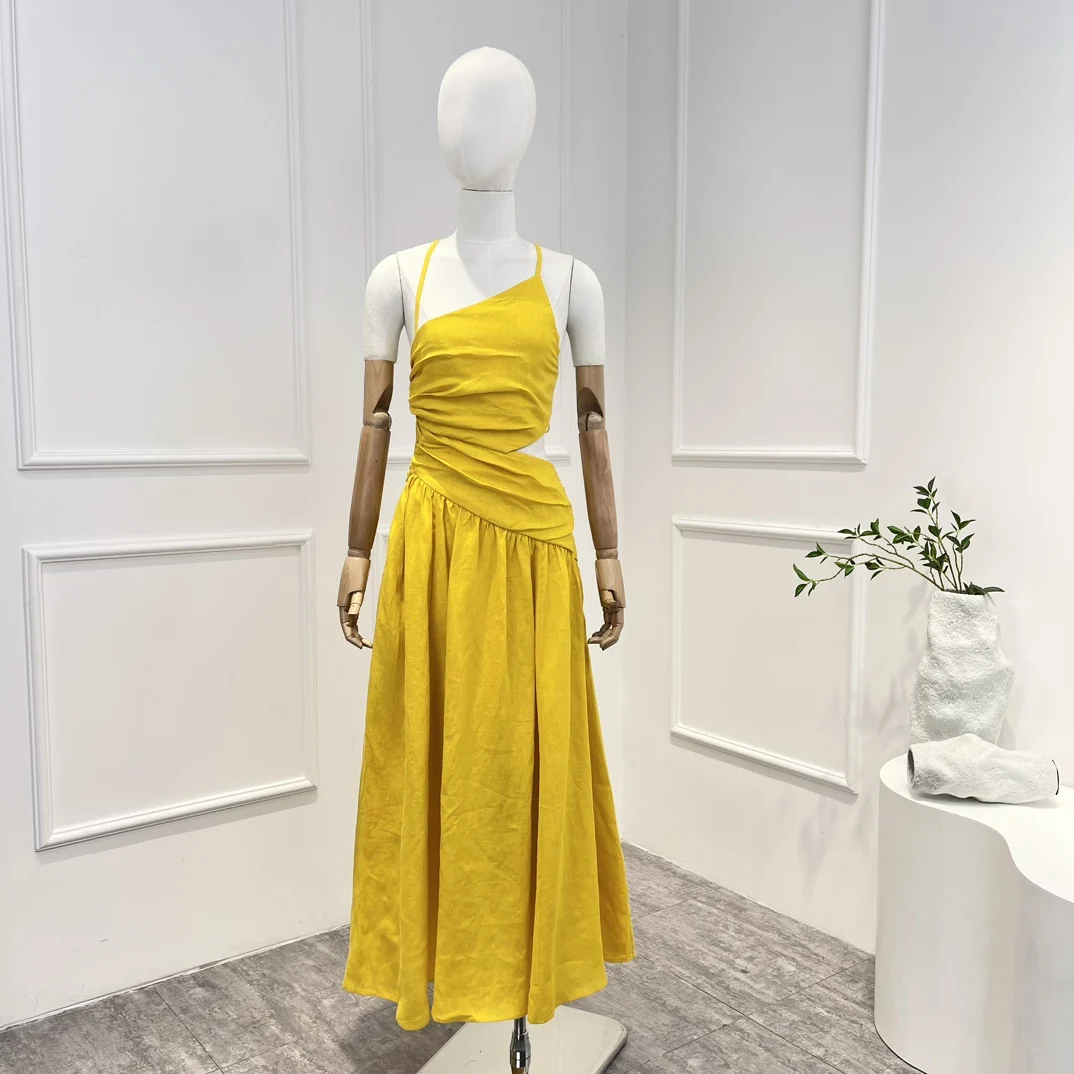 

Top Quality Linen 2023 Yellow Cross Tie Solid Summer New Vintage Backless Lace-up Sleeveless Woman Midi Dress for Party