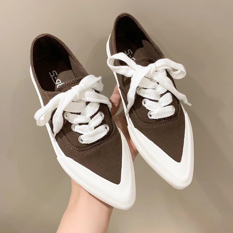 

2022 Spring and Autumn Pointed Toe Canvas Women's Shoes Niche Design Casual All-match Comfortable Fashion Flat Non-slip Shoes