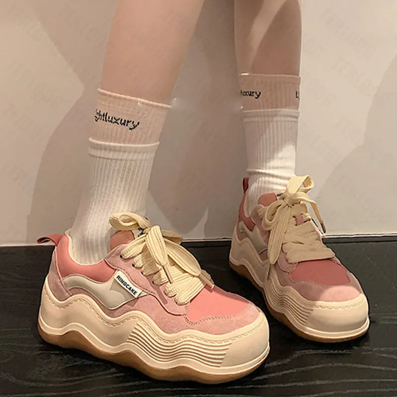 

Женские кроссовки на платформе, розовые кроссовки на плоской подошве, на шнуровке, повседневная спортивная обувь для бега, весна 2023