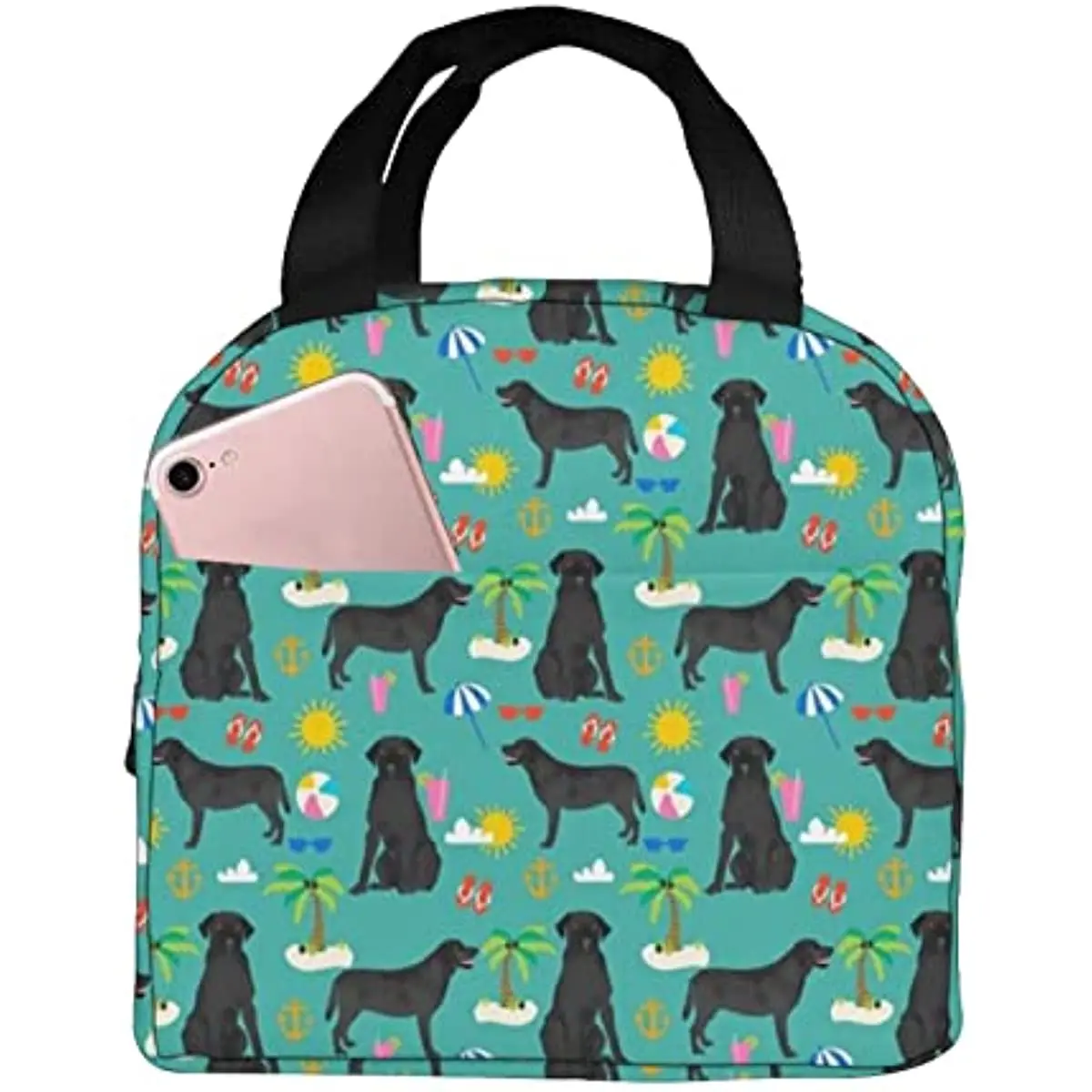 

Black Lab Labrador Retriever Beach Summer Dog Breed Teal Lunch Bag, Reusable Cute Lunch Box Insulated Cooler Tote Bag