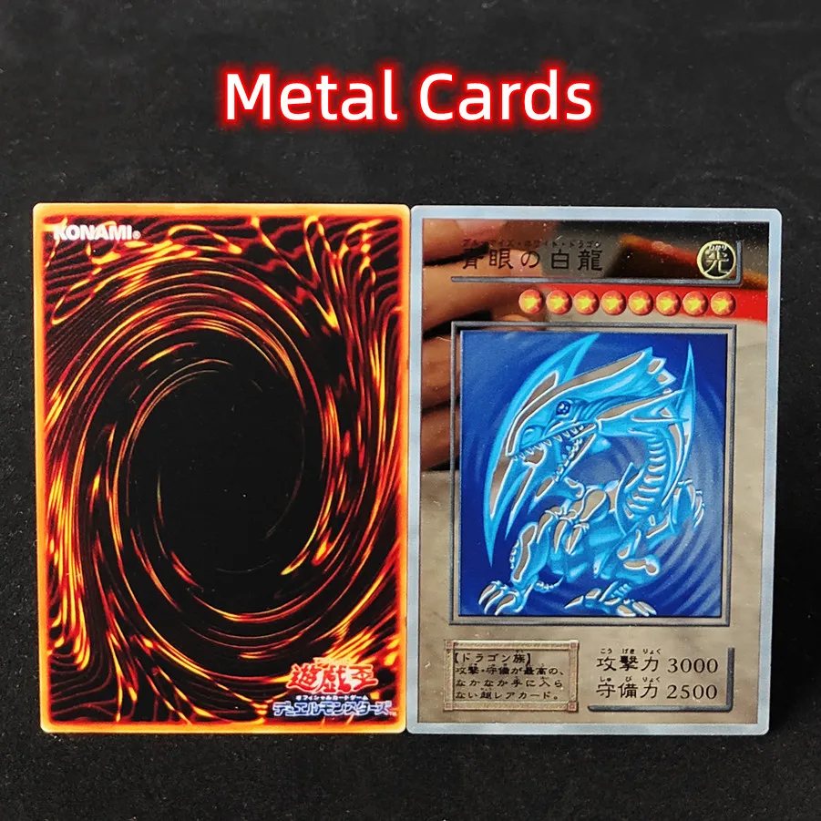 

Металлические Карты Yugioh с рукавами, буквы Yu Gi Oh Blue Eyes Dark Magicial Obelisk Slifer Ra, игра, торговая Боевая карта