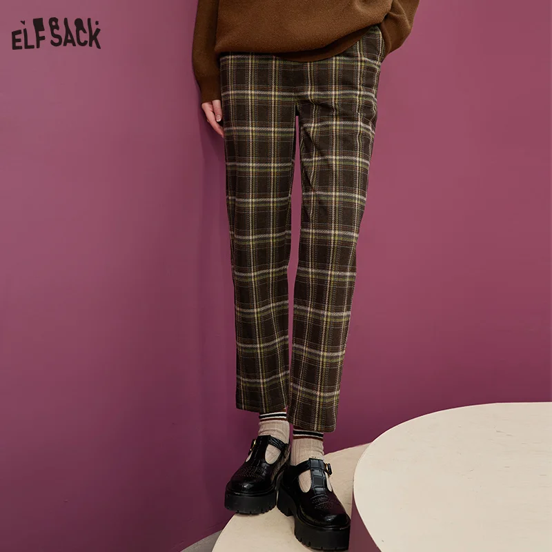 ELFSACK Knit Plaid Pants Women 2022 Autumn/Winter Loose High Waist Casual Daily Trousers