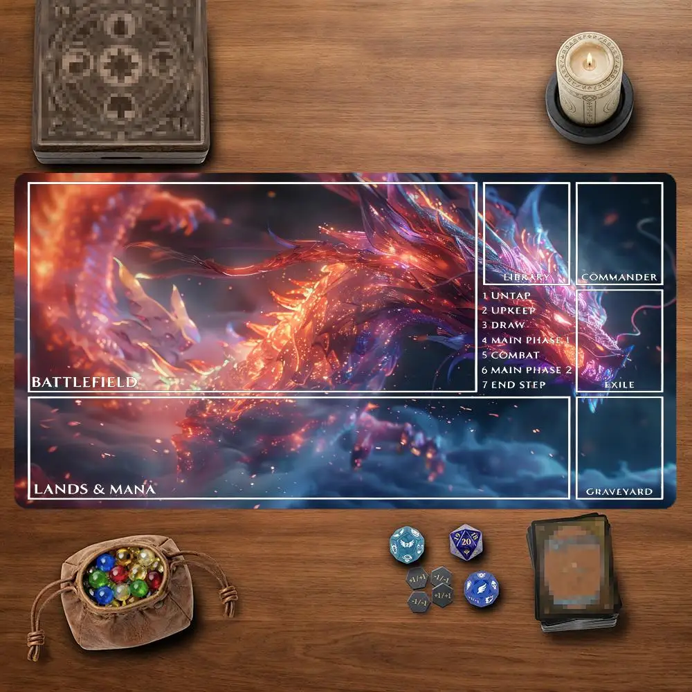 Фото Игровой коврик Spark Cloud Celestial Dragon TCG 35x60 см, светящийся в темноте, с изображением магического дракона, нескользящий, прочный, с прошитыми краями, для настольных игр. №2