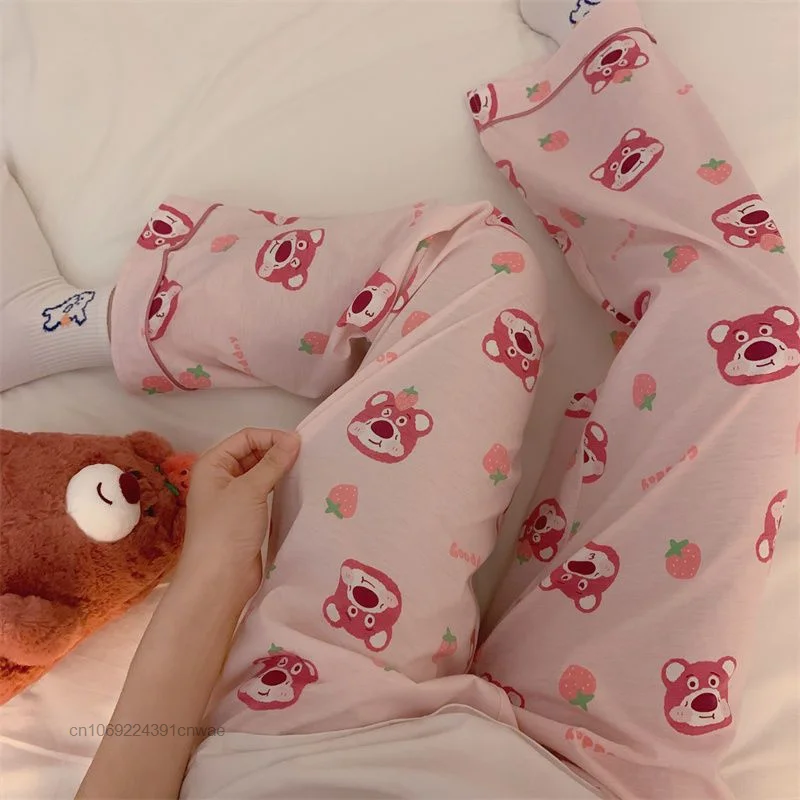 Disney Lotso Kawaii Trouser Y2k Spring Autumn Cute Anime Cartoon Pajamas Trousers Female Thin Casual Household Sleep Pants Women